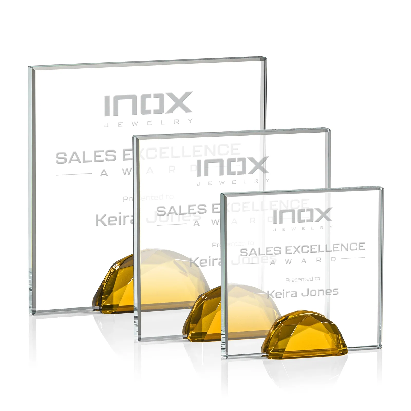 Custom Starfire Crystal Award Flanked by Amber Gemstone Diamonds for employee recognition