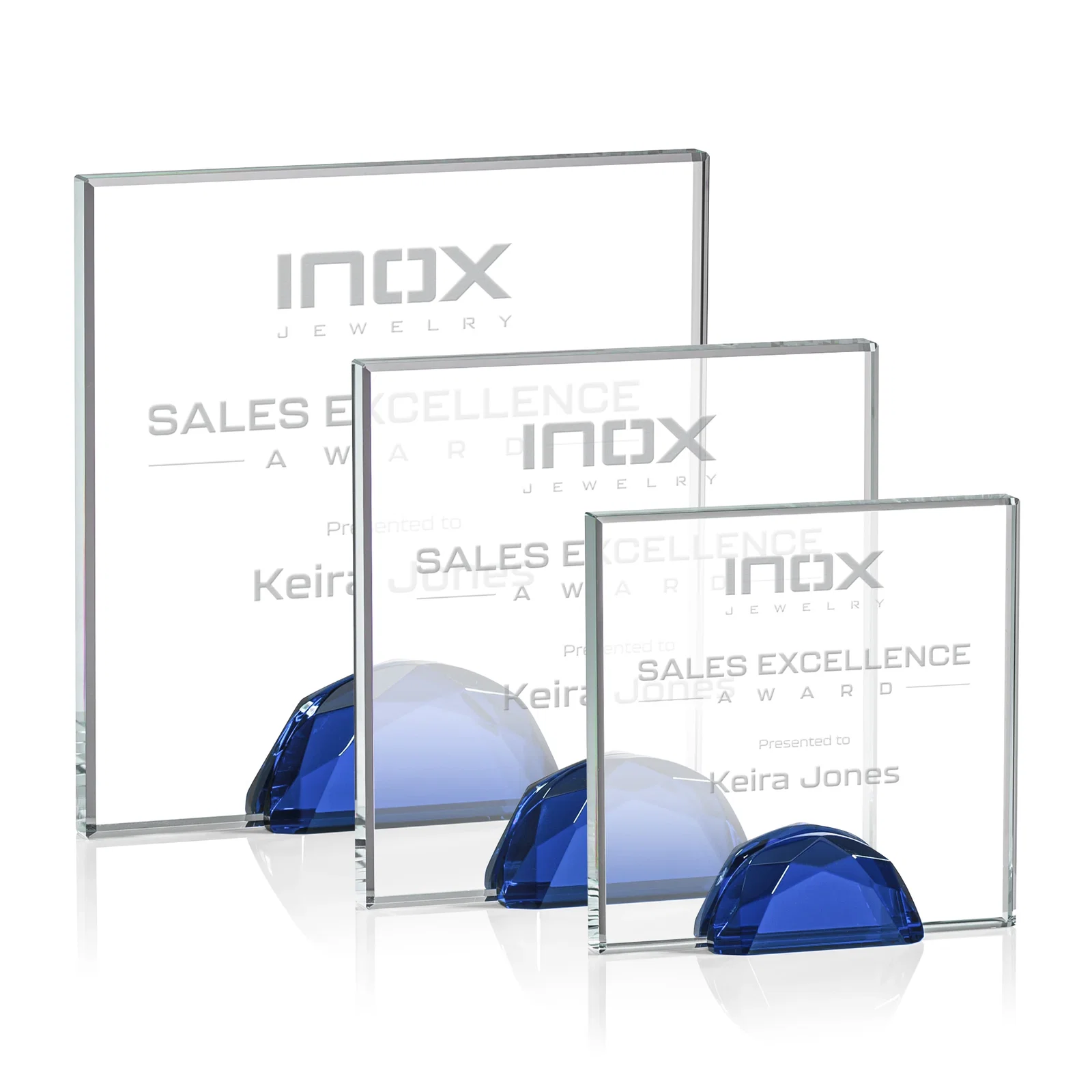 Personalized Starfire Crystal Award Flanked by Amber Gemstone Diamonds for employee recognition