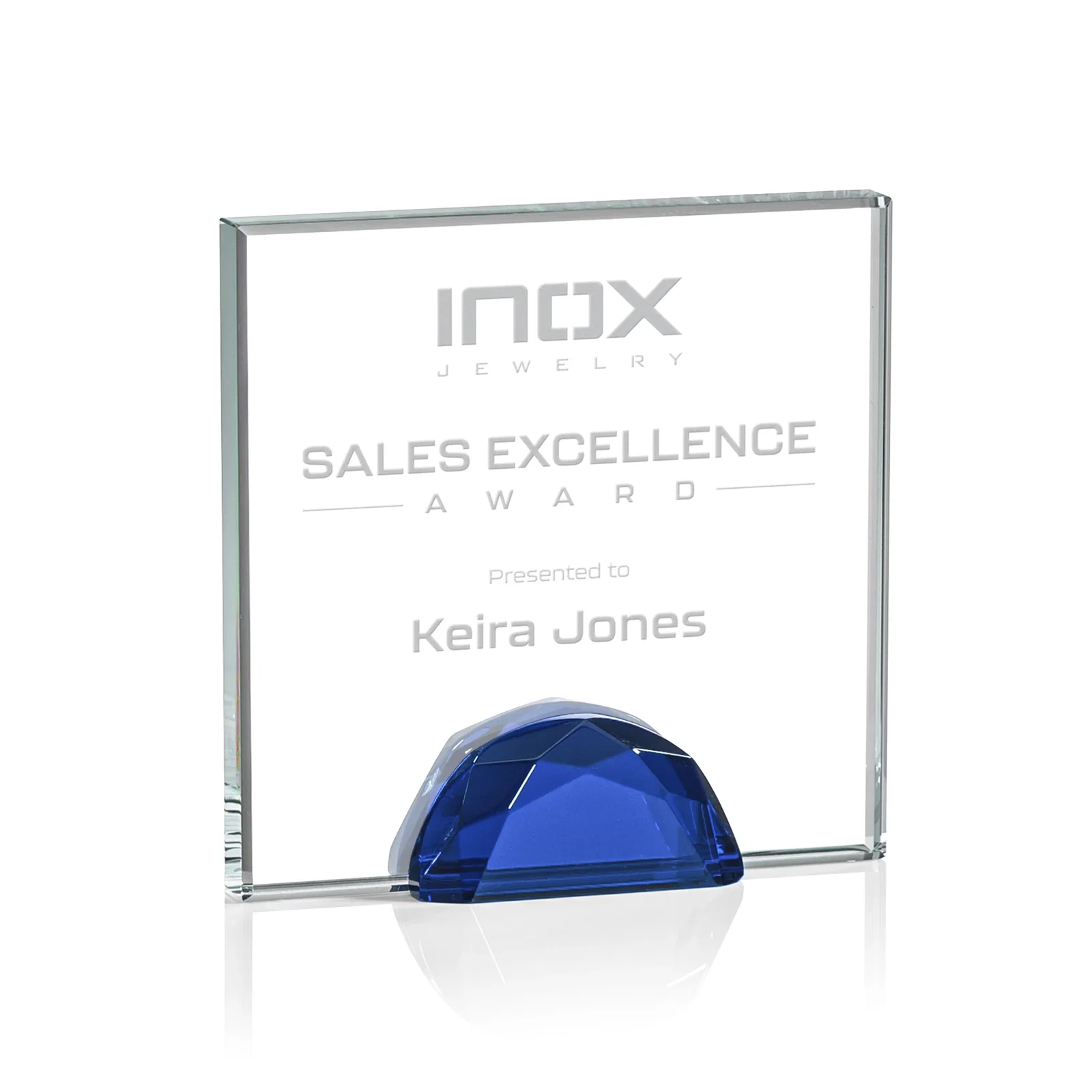 Personalized Starfire Crystal Award Flanked by Amber Gemstone Diamonds for corporate award ceremonies