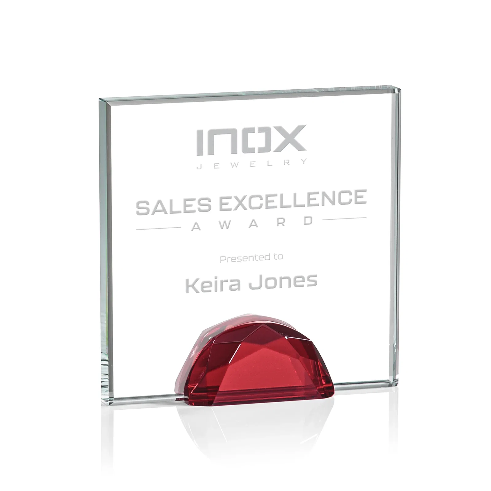 Personalized Starfire Crystal Award Flanked by Amber Gemstone Diamonds for team milestone celebrations