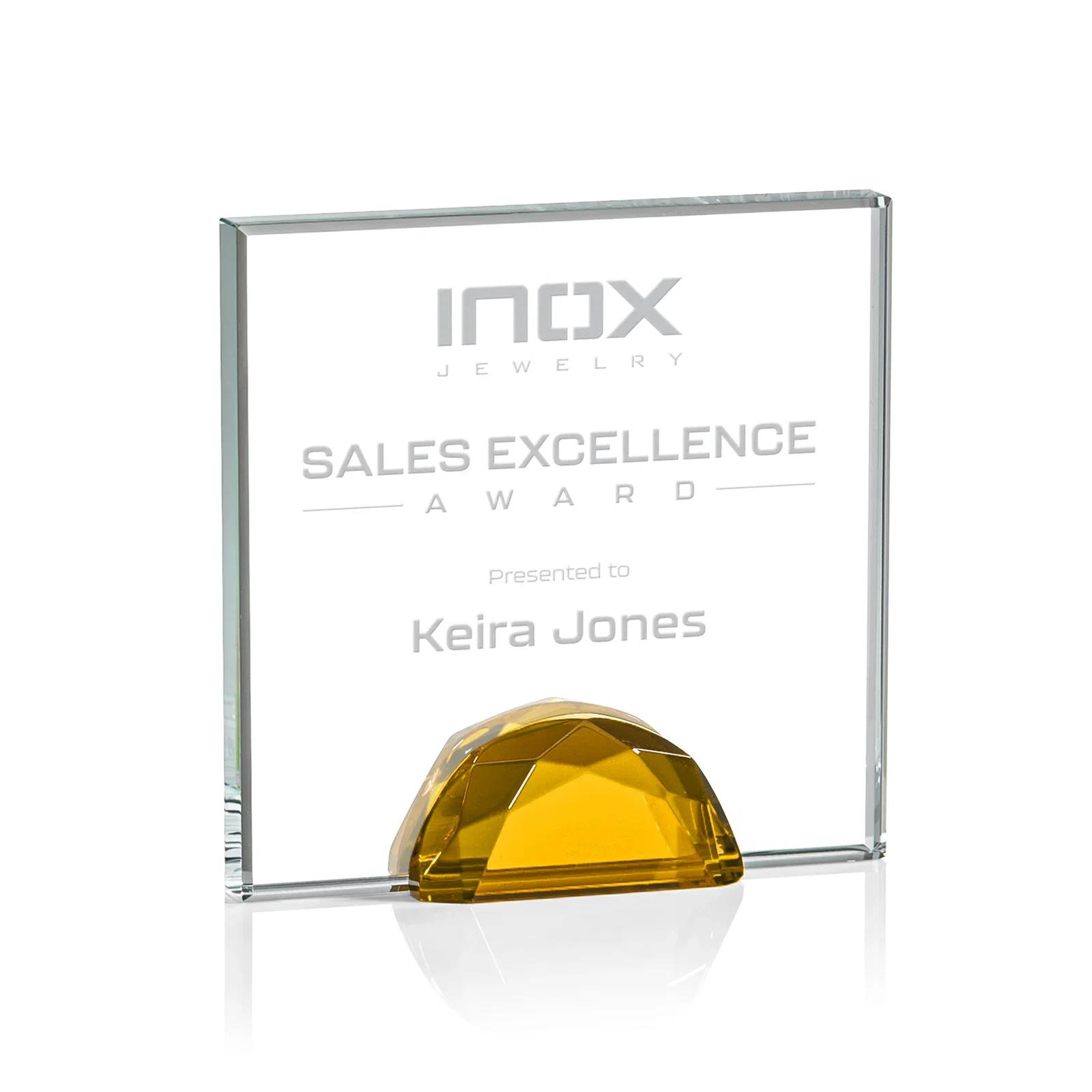 Custom Starfire Crystal Award Flanked by Amber Gemstone Diamonds for corporate award ceremonies