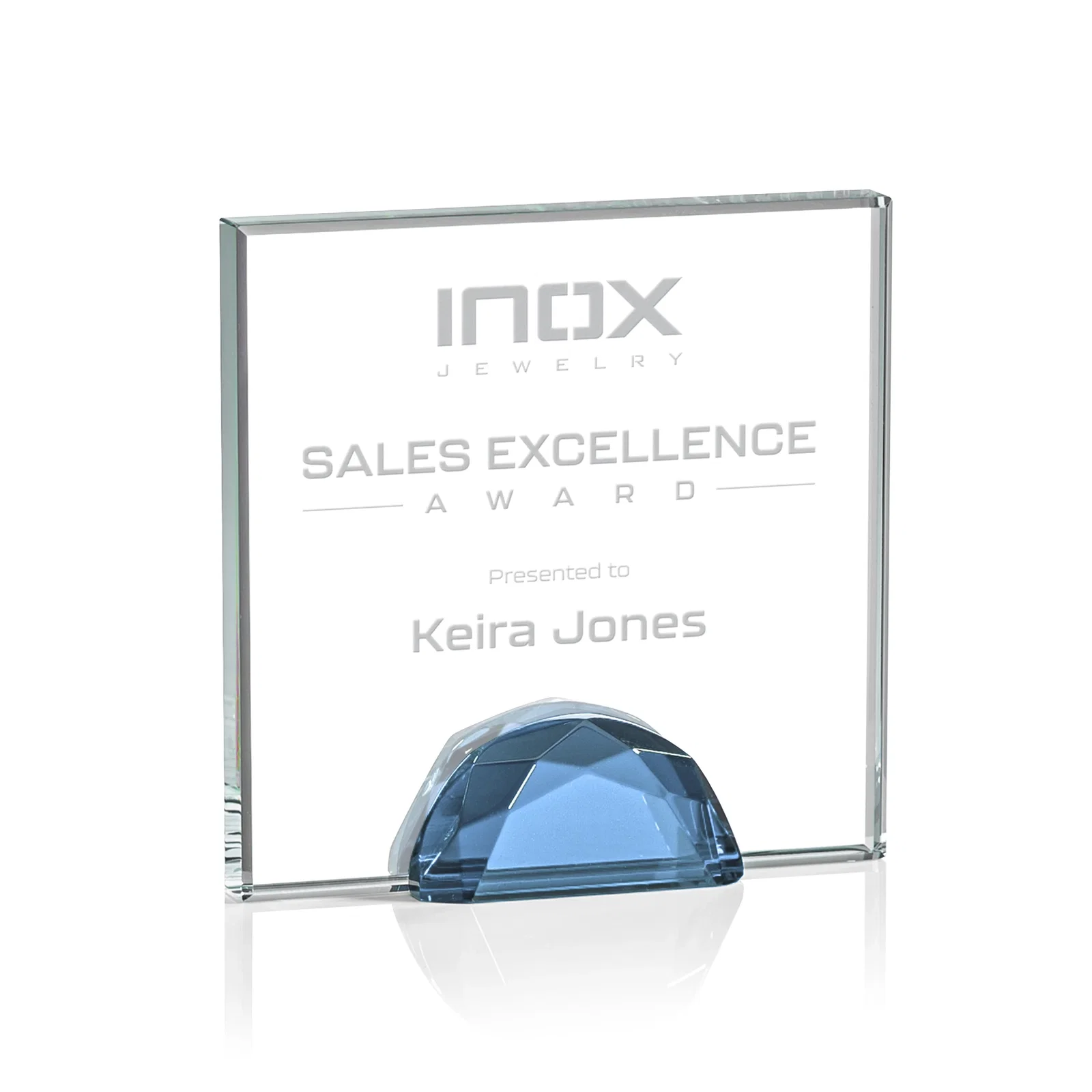 Personalized Starfire Crystal Award Flanked by Amber Gemstone Diamonds for volunteer appreciation
