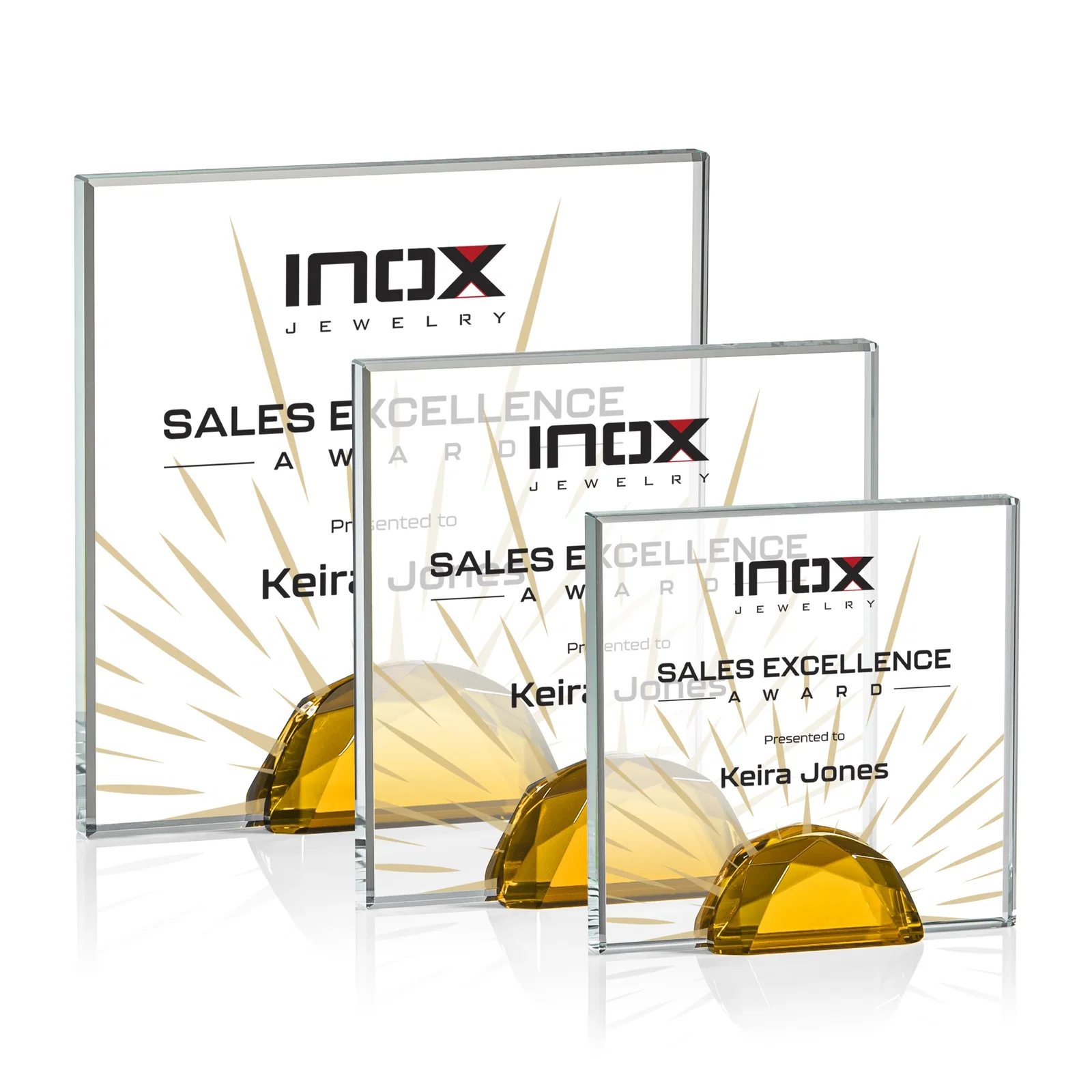 Promotional Starfire Crystal Award Flanked by Amber Gemstone Diamonds for employee recognition