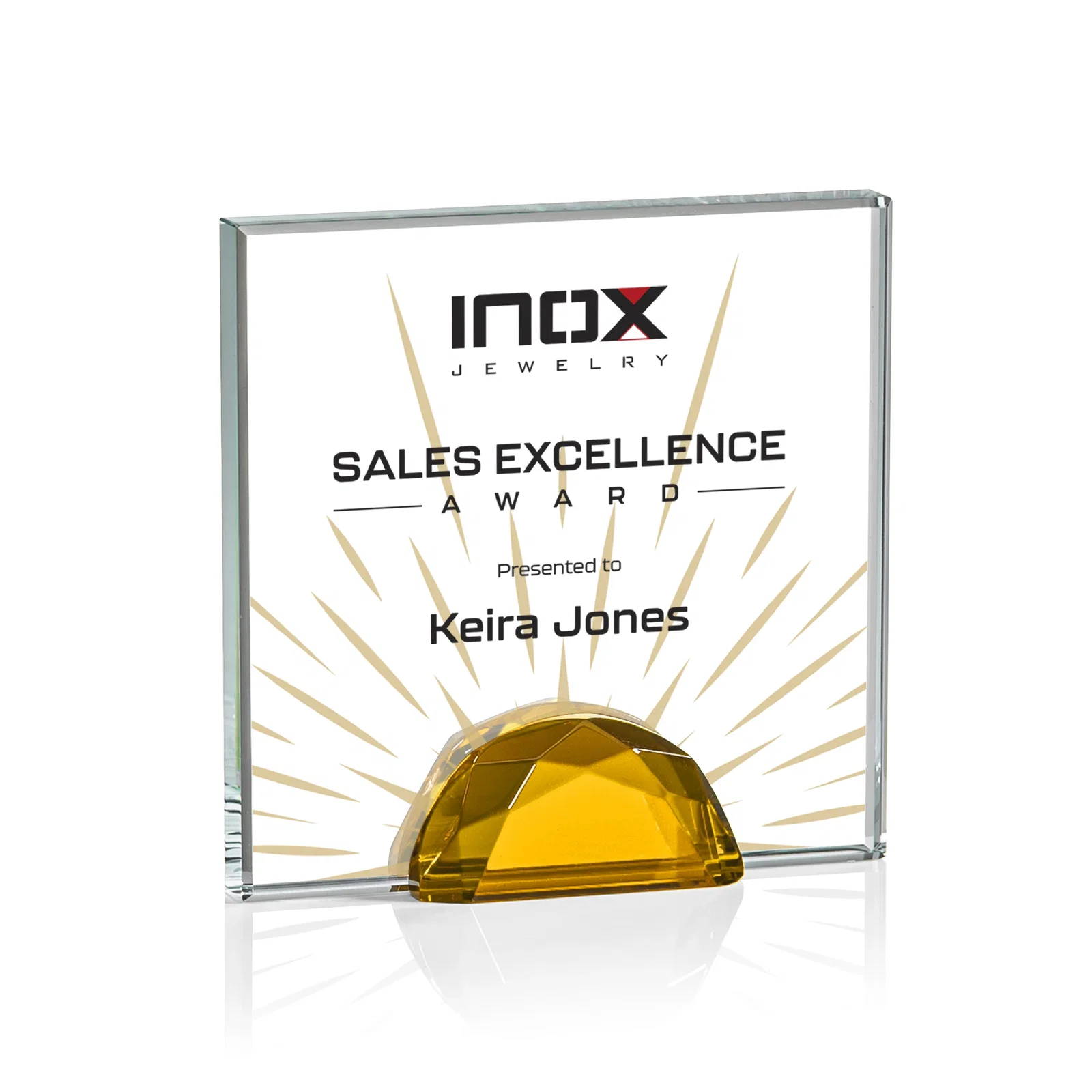 Promotional Starfire Crystal Award Flanked by Amber Gemstone Diamonds for corporate award ceremonies