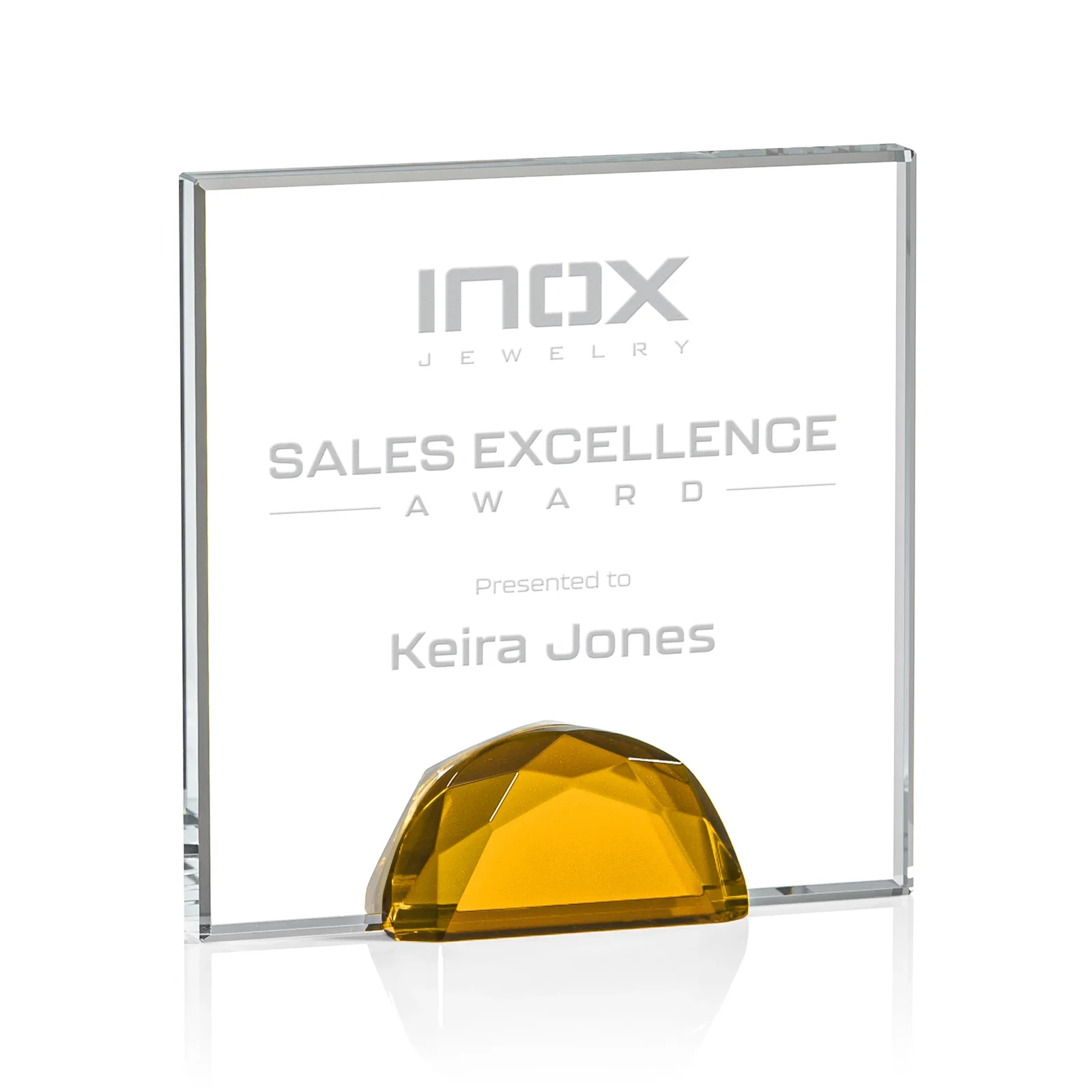 Custom Starfire Crystal Award Flanked by Amber Gemstone Diamonds for service anniversary gifts