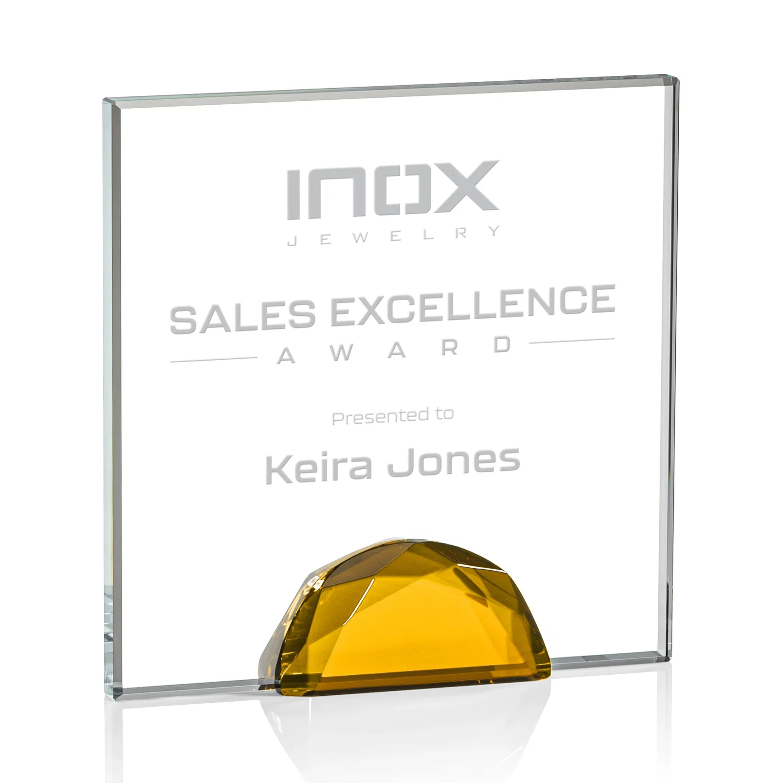Custom Starfire Crystal Award Flanked by Amber Gemstone Diamonds for sales achievement awards