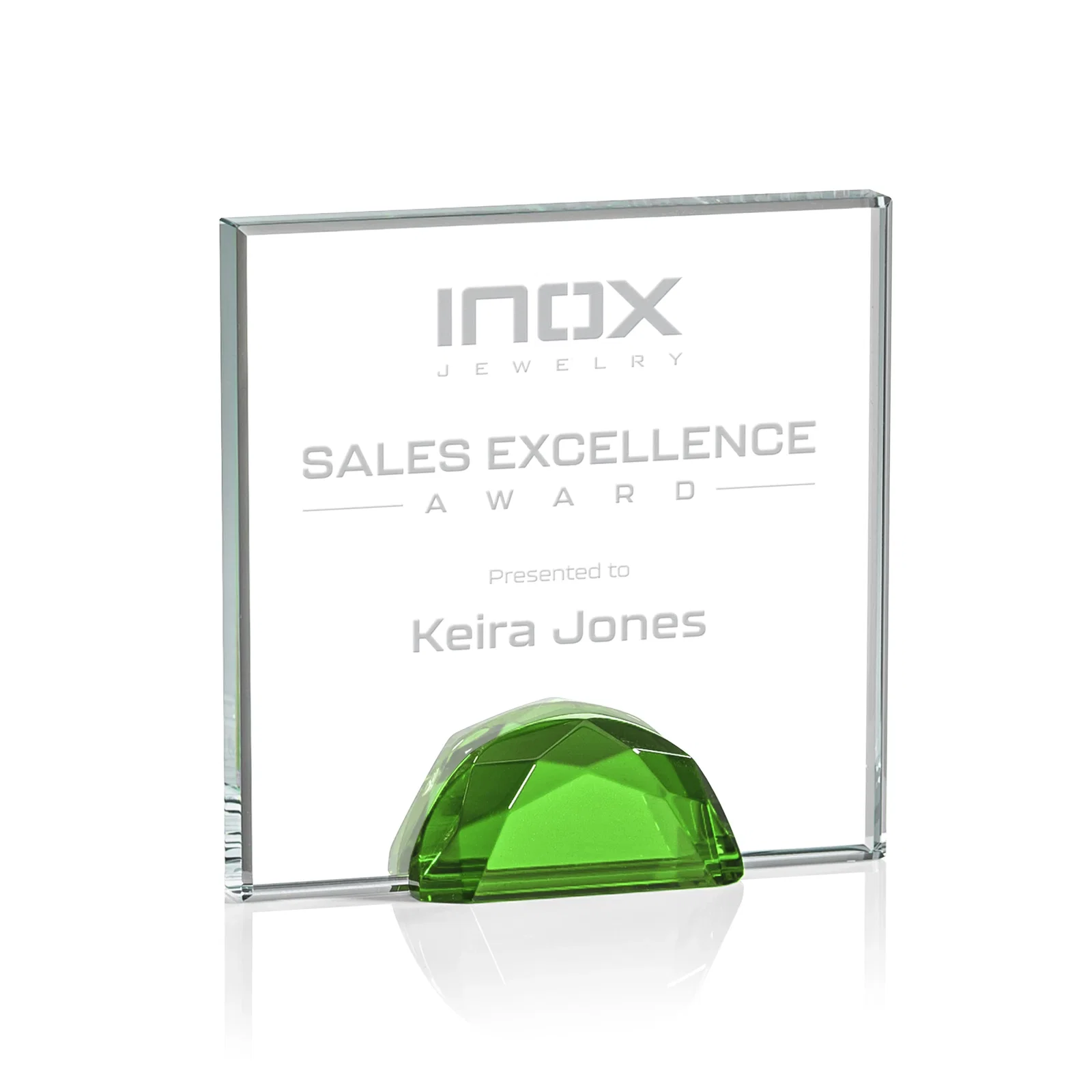 Custom Starfire Crystal Award Flanked by Amber Gemstone Diamonds for team milestone celebrations