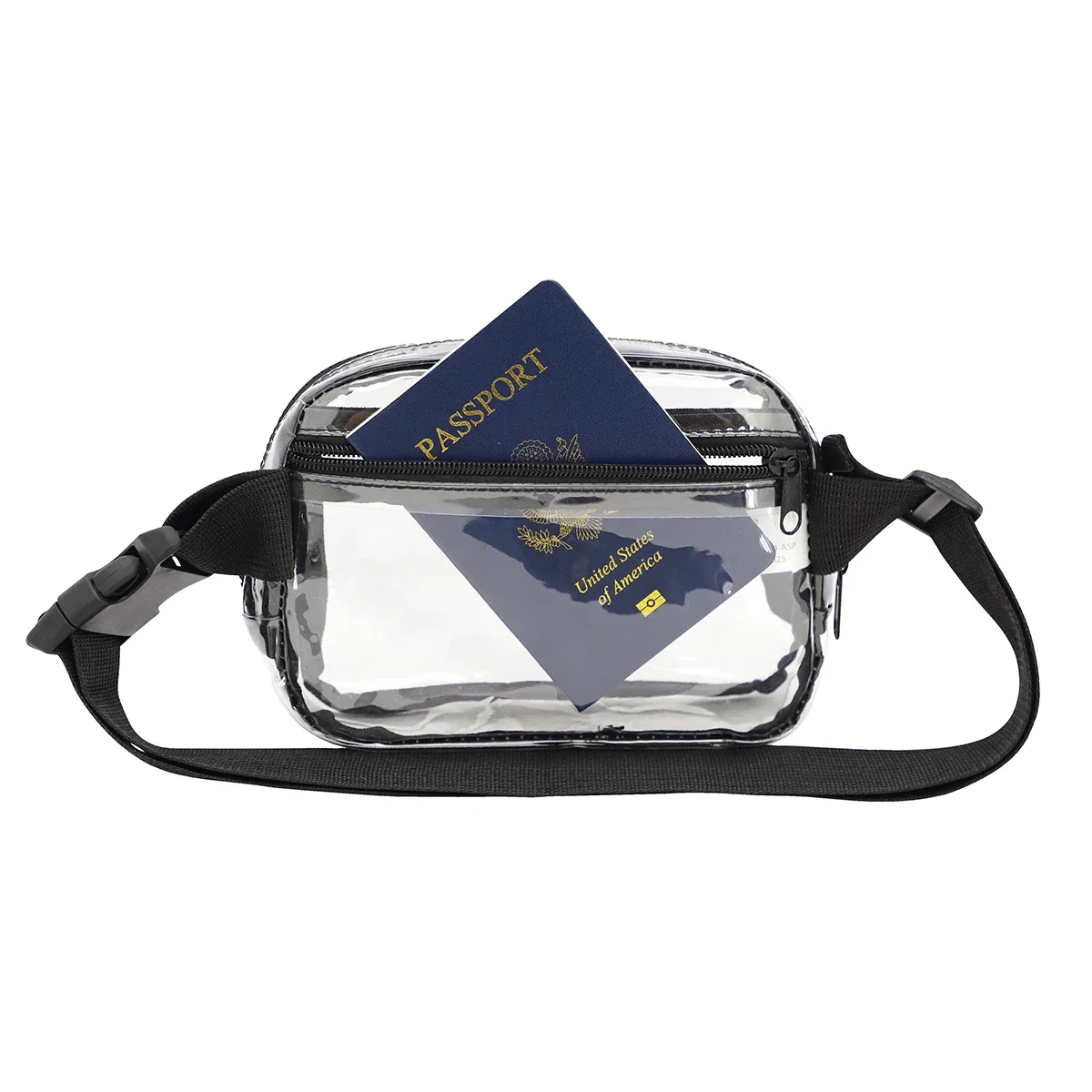 Close-up of the custom Envoy Clear PVC Waist Bag's logo imprint area
