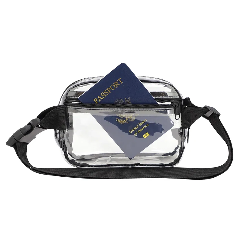 Close-up of the custom Envoy Clear PVC Waist Bag's logo imprint area
