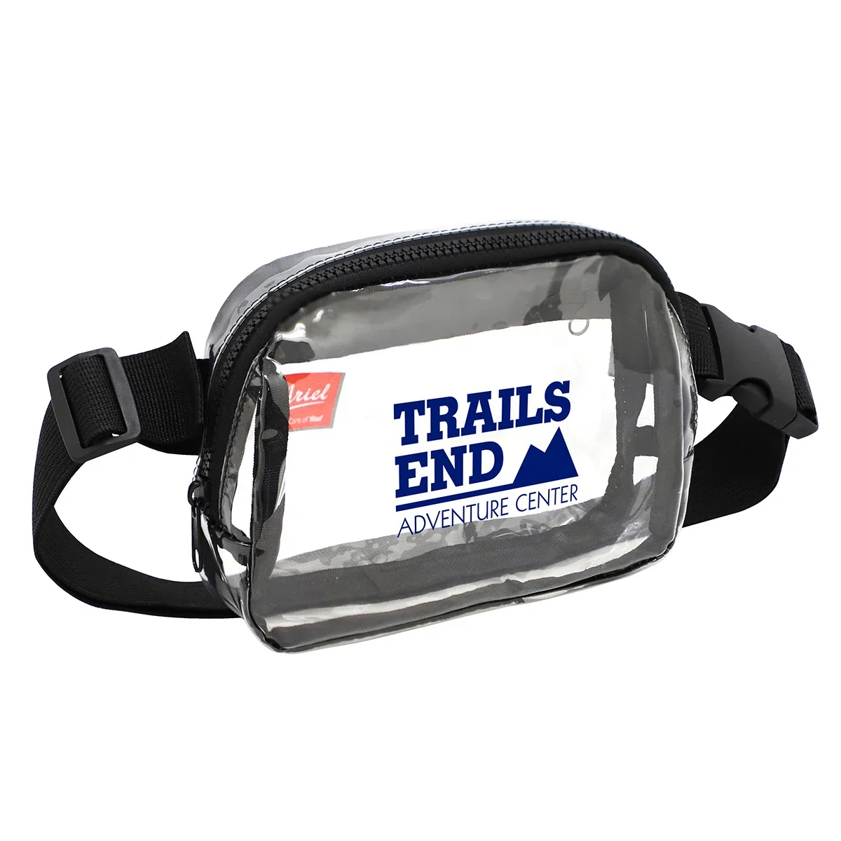 Model wearing the branded Envoy Clear PVC Waist Bag, promotional waist bag lifestyle shot