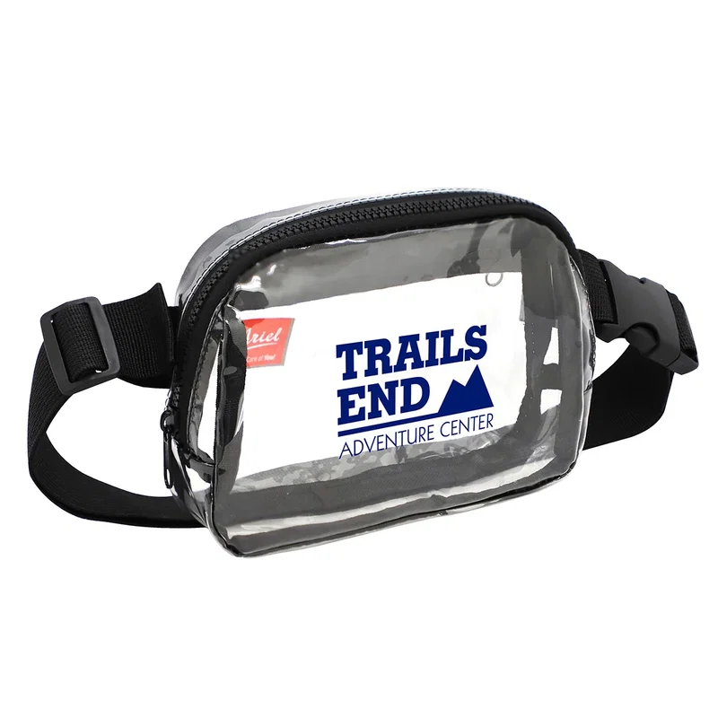 Model wearing the branded Envoy Clear PVC Waist Bag, promotional waist bag lifestyle shot