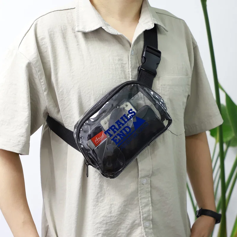 Angled view of the custom Envoy Clear PVC Waist Bag highlighting the clear vinyl panel