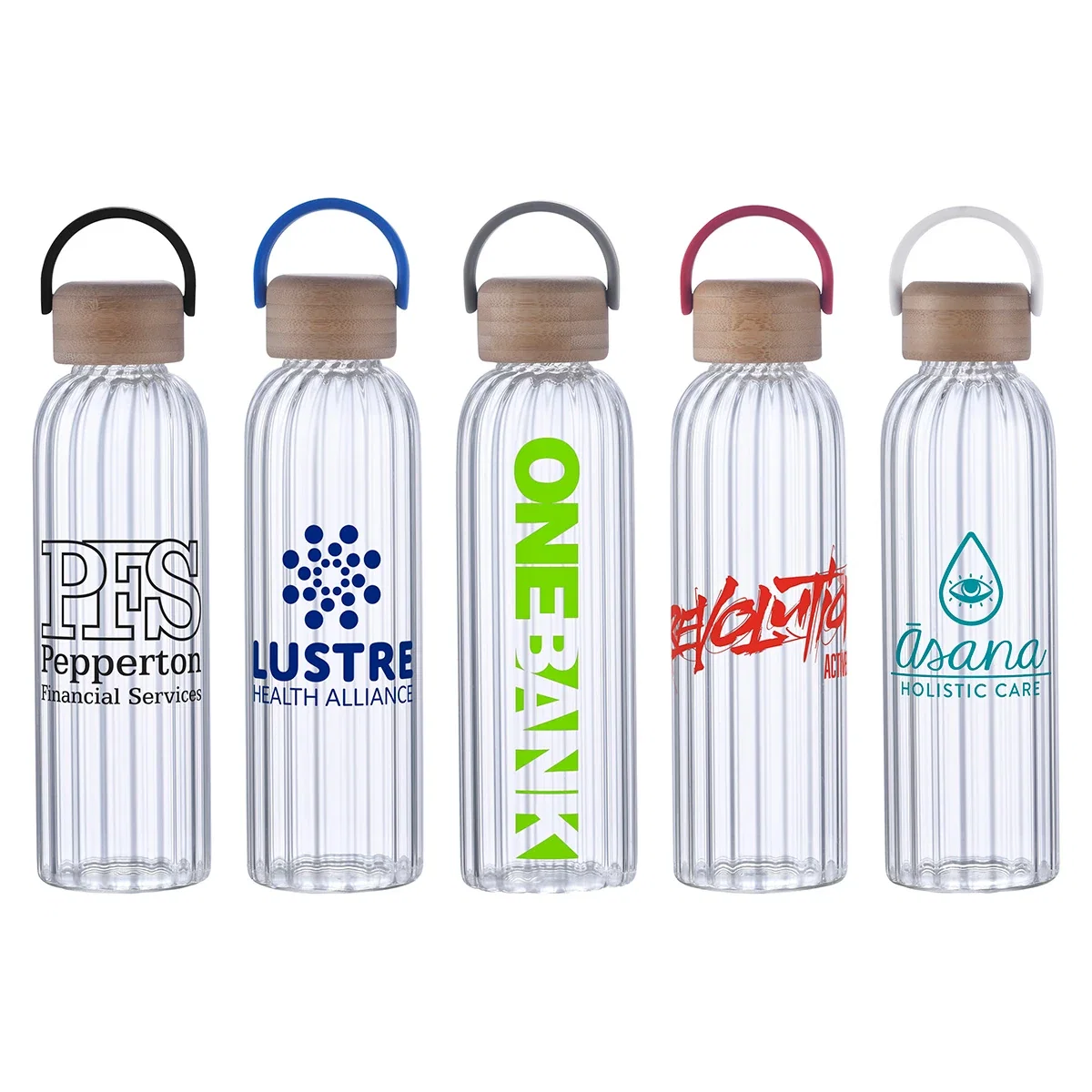 Custom Eos 21 oz Glass Bottle with Bamboo Lid, front view of the branded glass bottle