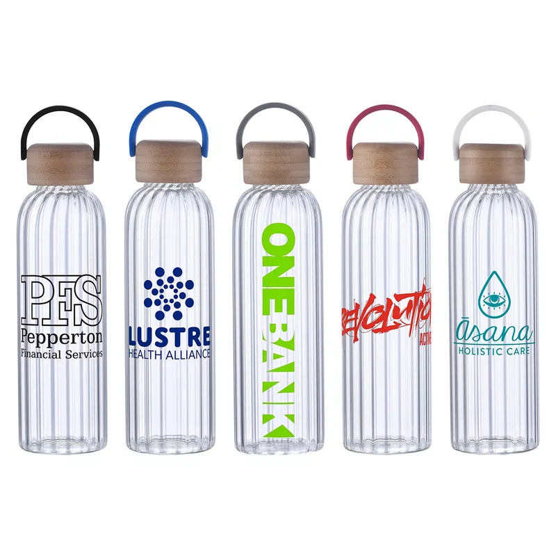 Custom Eos 21 oz Glass Bottle with Bamboo Lid, front view of the branded glass bottle