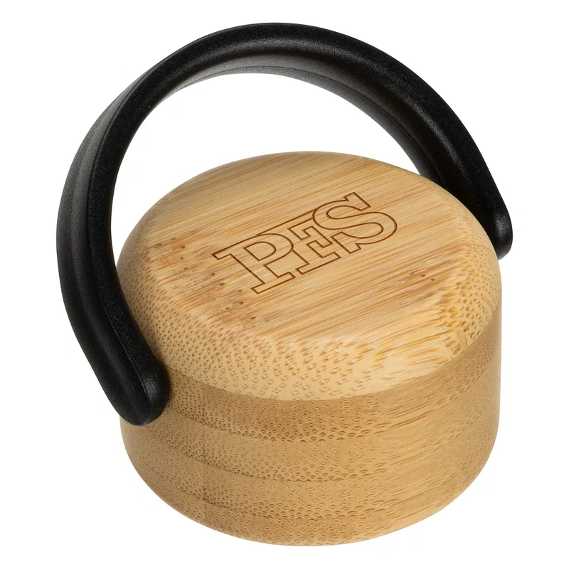 Close-up of the Eos bottle's bamboo lid and glass neck detail