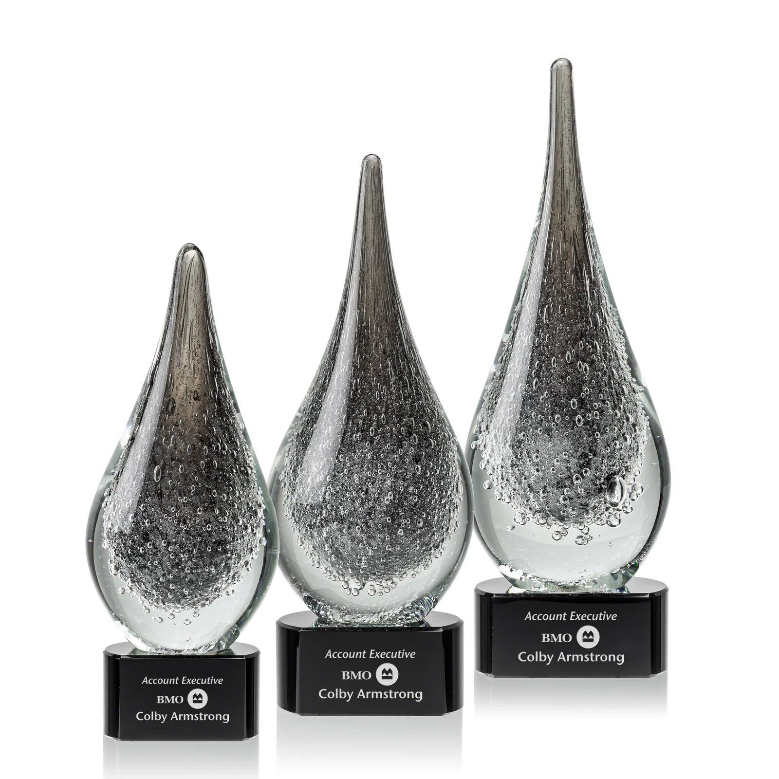 Custom Glass Teardrop Award in Black or Clear for team milestone celebrations