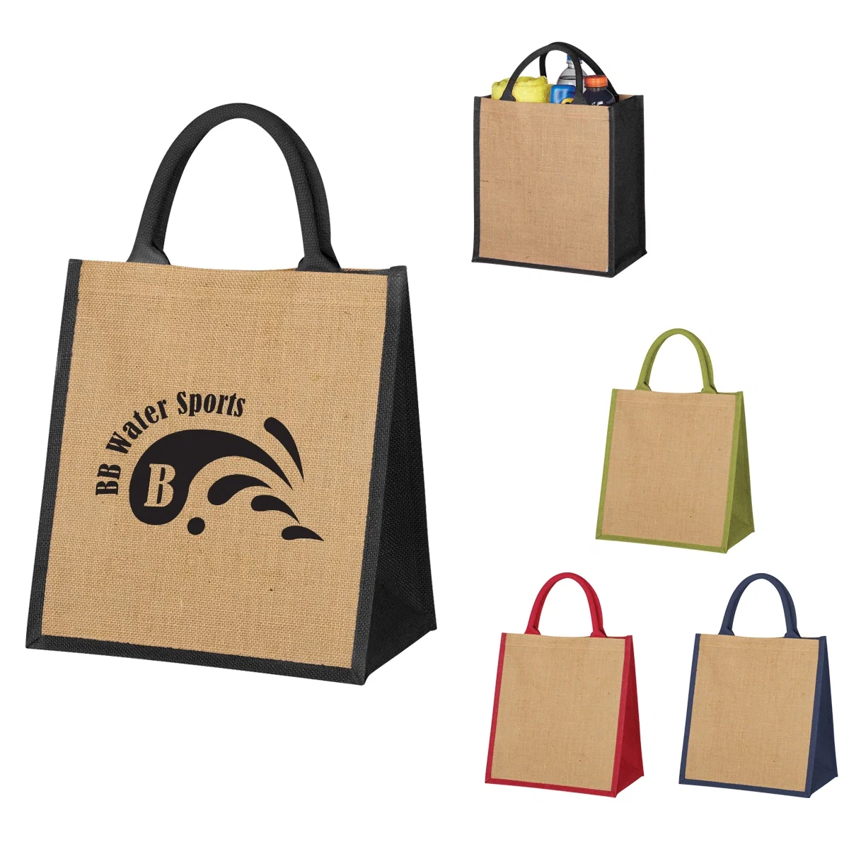 Natural jute tote bag with colored trim for market runs