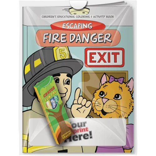 Escaping Fire Danger coloring book and 4 Fun Pak crayons combo pack in poly bag, kids fire safety