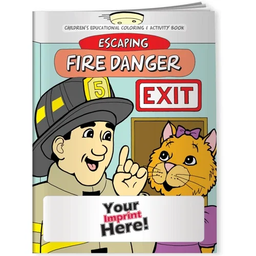 Escaping Fire Danger coloring book front cover, kids fire safety promotional giveaway