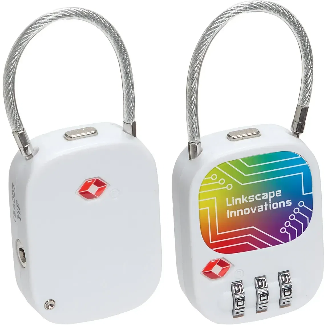Custom Escort TSA-approved luggage lock with full-color logo, front view