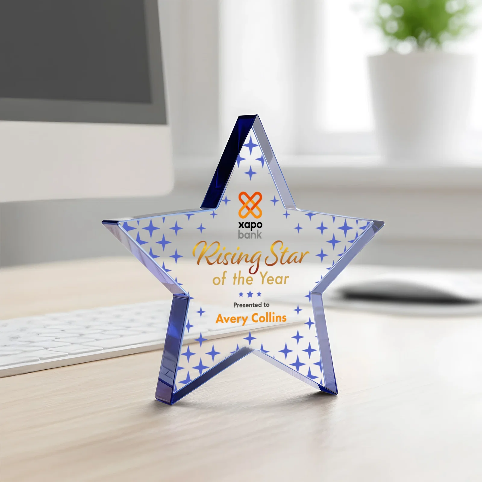 Branded Starfire Crystal Star Award With Precision-Cut Edges, desk awards for volunteer appreciation