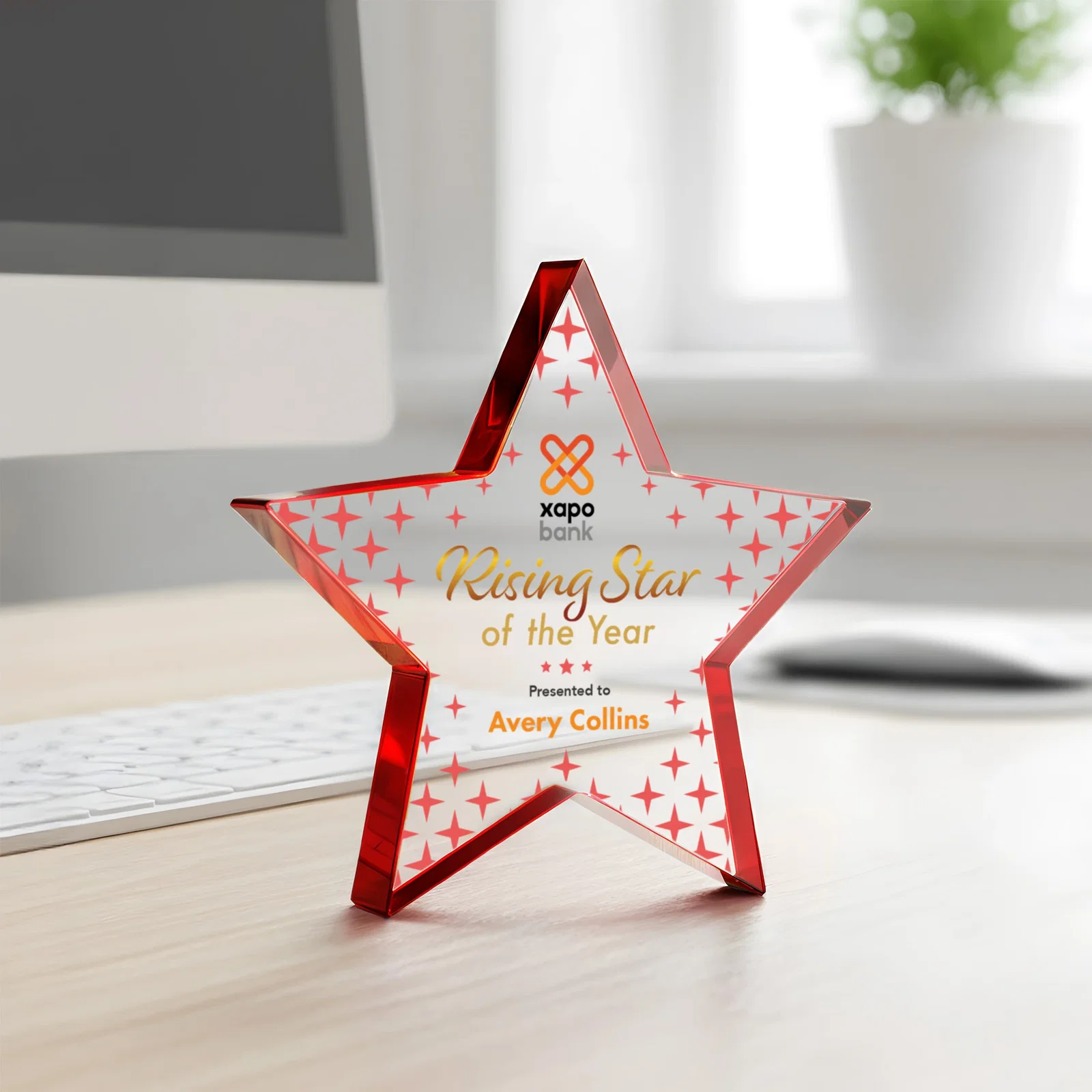 Custom printed Starfire Crystal Star Award With Precision-Cut Edges, desk awards for service anniversary gifts