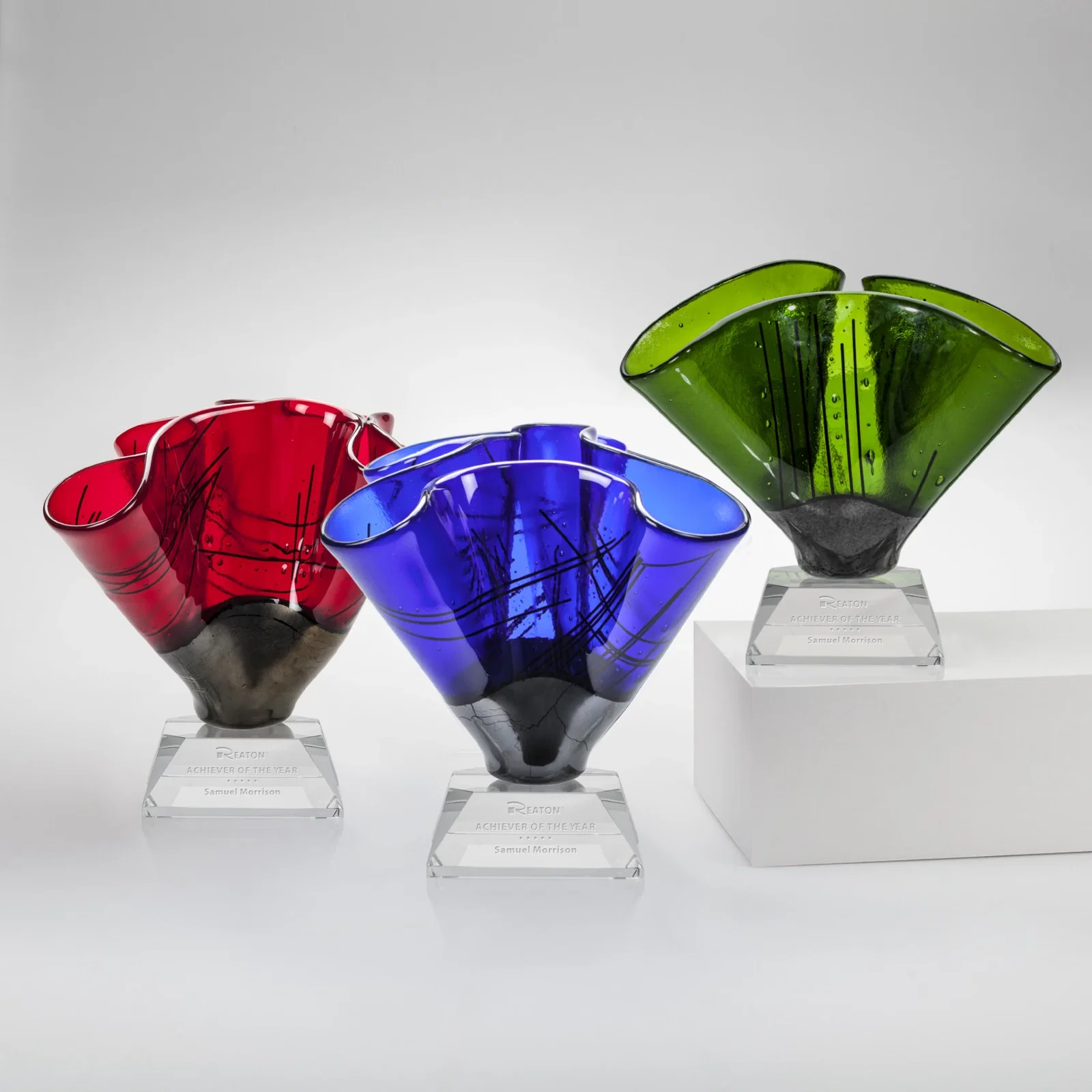 Custom Folded Art Glass Award on Stepped Optical Base for employee recognition