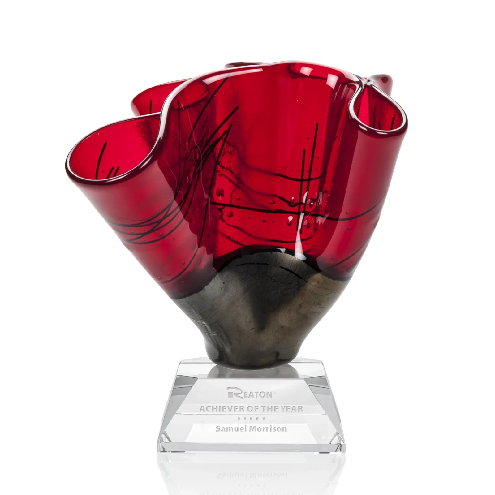 Custom Folded Art Glass Award on Stepped Optical Base for corporate award ceremonies