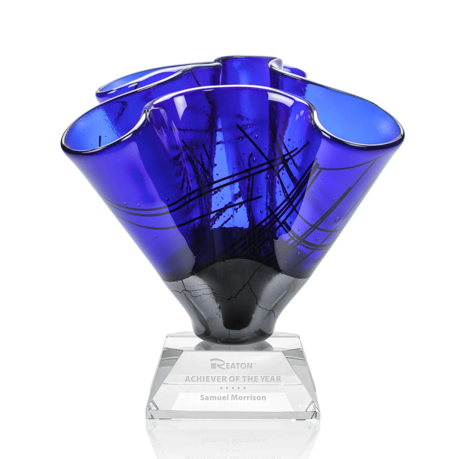 Custom Folded Art Glass Award on Stepped Optical Base for service anniversary gifts