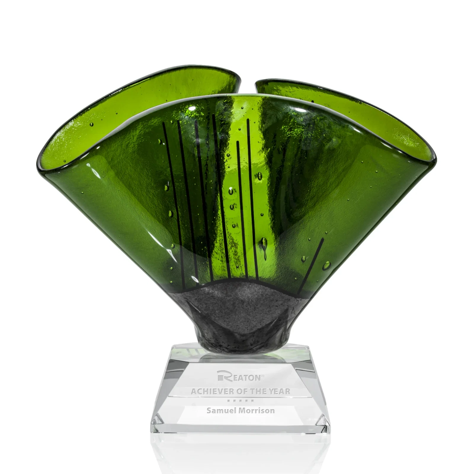Custom Folded Art Glass Award on Stepped Optical Base for sales achievement awards