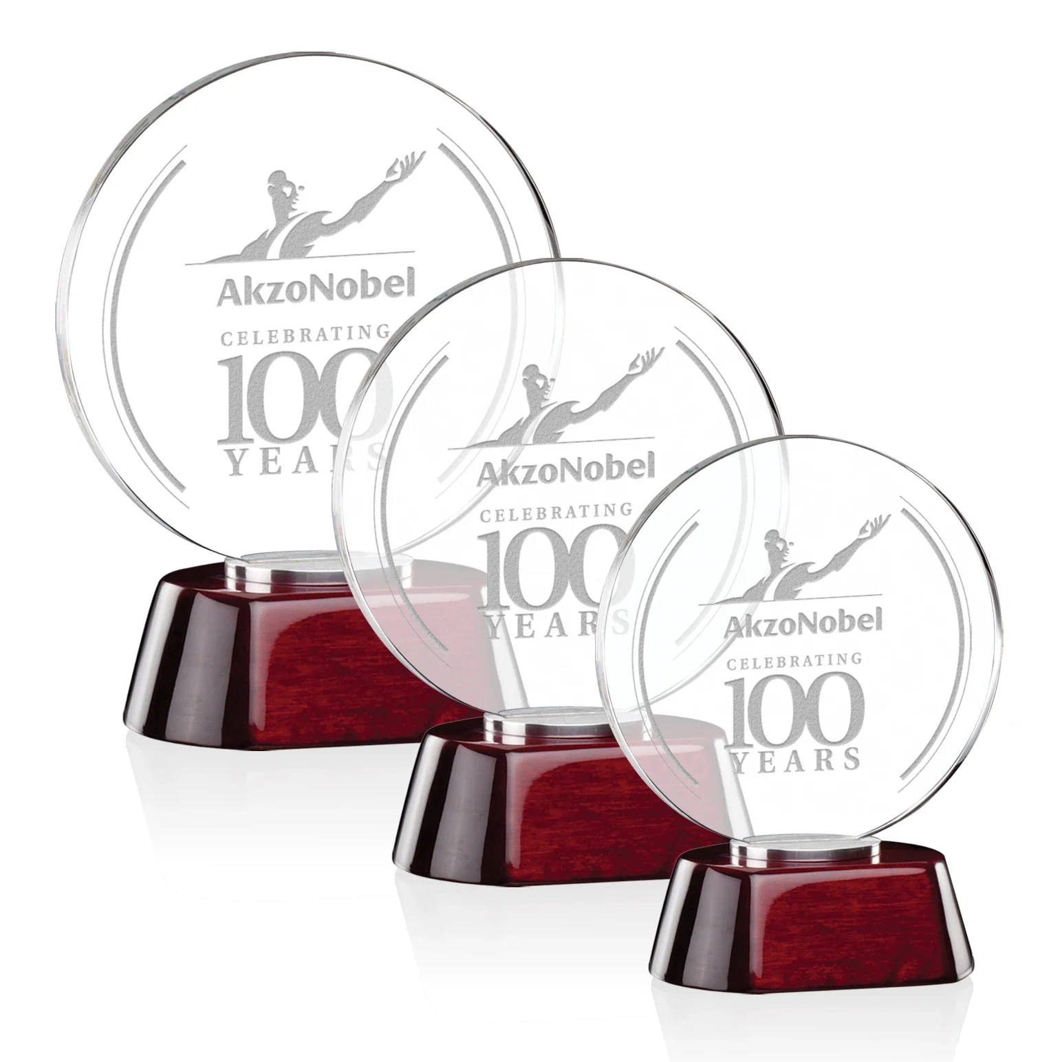 Custom Starfire Crystal Award on Aluminum and Rosewood Two-Part Base for employee recognition