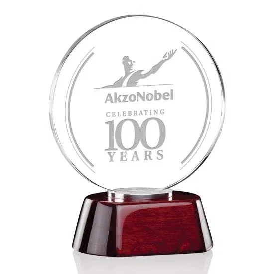 Custom Starfire Crystal Award on Aluminum and Rosewood Two-Part Base for sales achievement awards