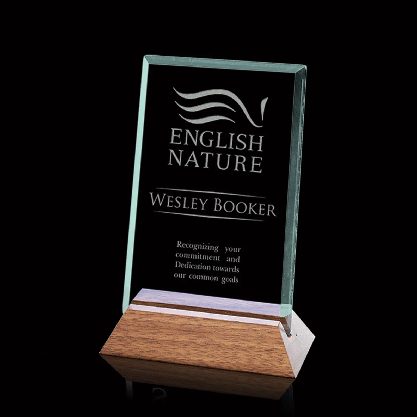 Custom Jade Glass Rectangle Award In Slotted Black Walnut Base for employee recognition
