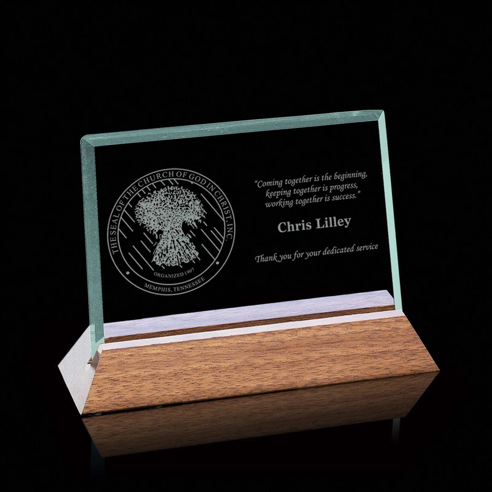 Custom Jade Glass Rectangle Award In Slotted Black Walnut Base for corporate award ceremonies