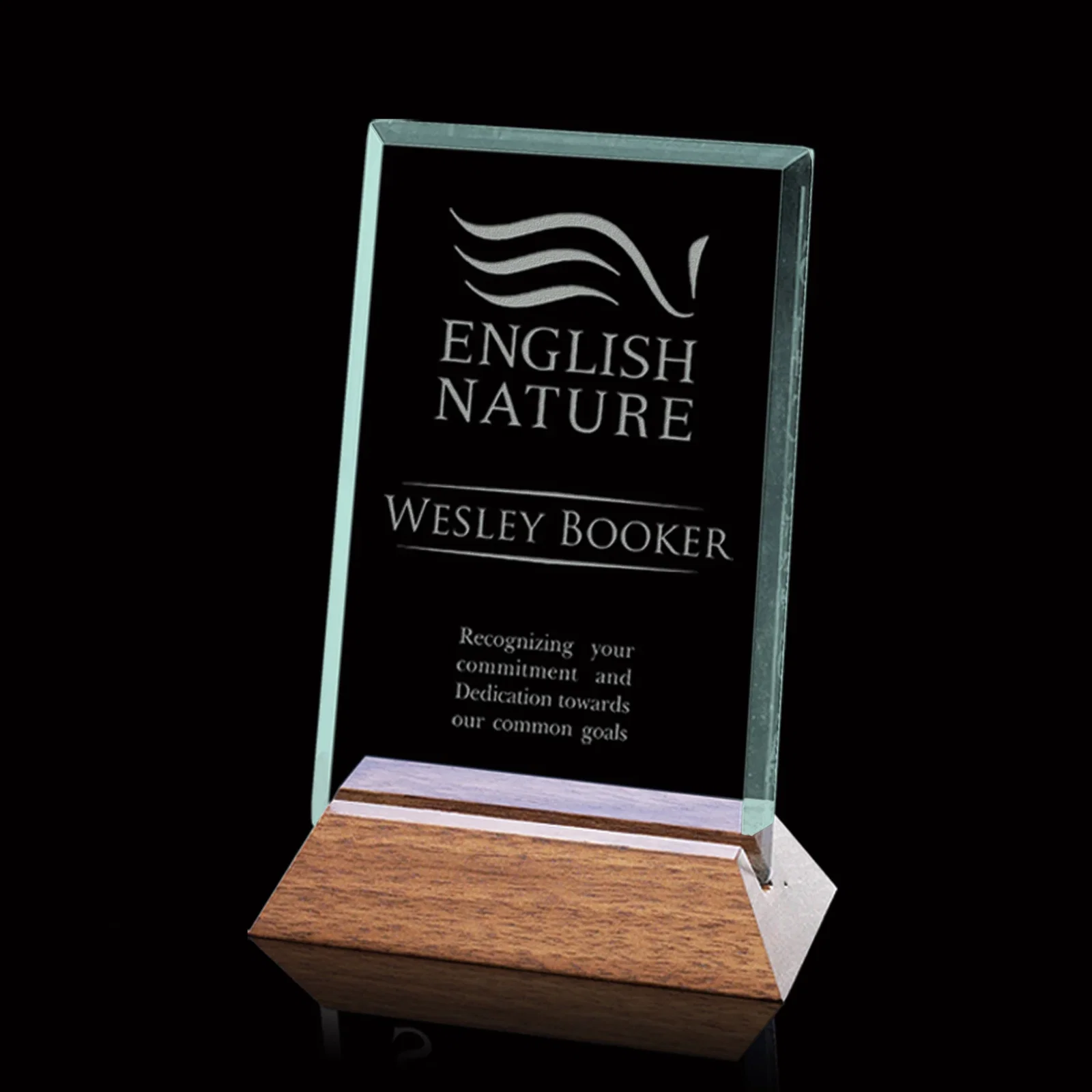 Custom Jade Glass Rectangle Award In Slotted Black Walnut Base for service anniversary gifts