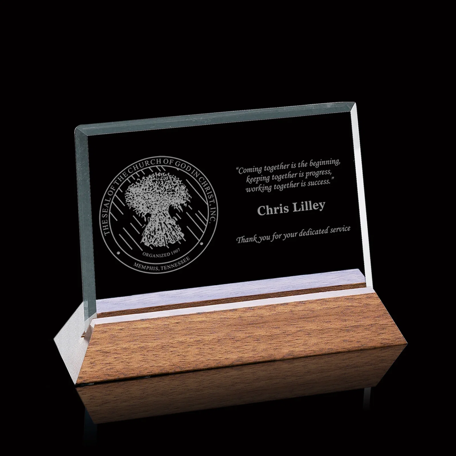 Custom Starfire Crystal Award Tilted in a Slotted Black Walnut Base, wood awards for corporate award ceremonies