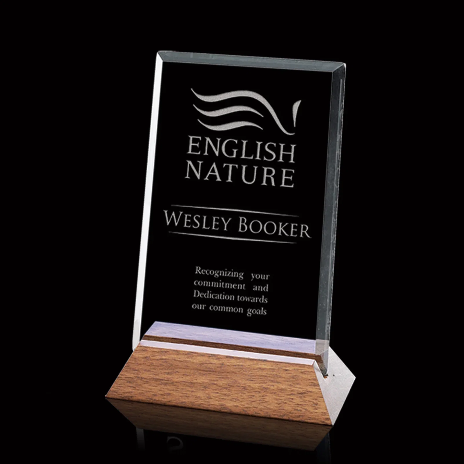 Custom Starfire Crystal Award Tilted in a Slotted Black Walnut Base, wood awards for service anniversary gifts
