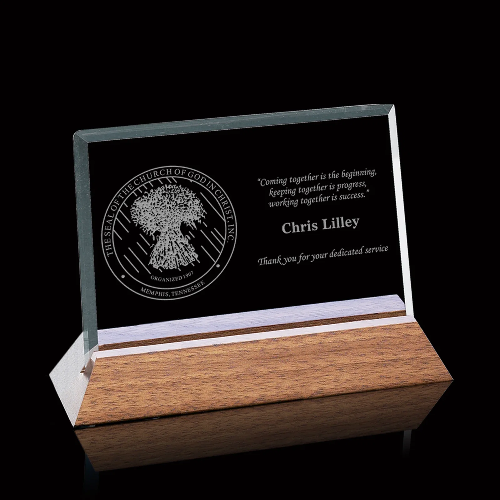 Custom Starfire Crystal Award Tilted in a Slotted Black Walnut Base, wood awards for sales achievement awards