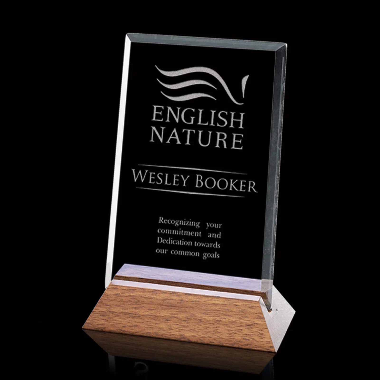 Custom Starfire Crystal Award Tilted in a Slotted Black Walnut Base, wood awards for retirement presentations