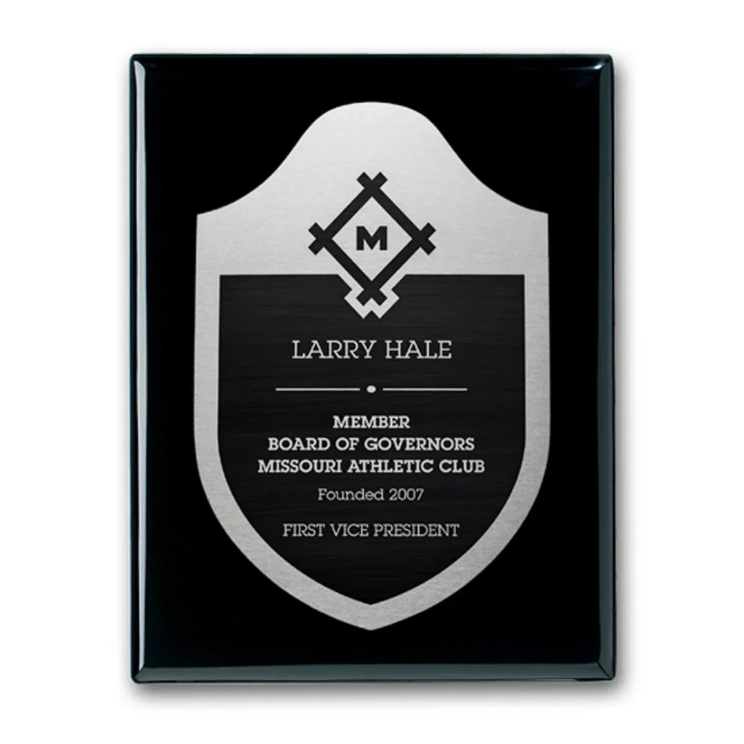 Custom Ebony Piano Finish Wall Plaque with Etched and Antiqued Plate for employee recognition