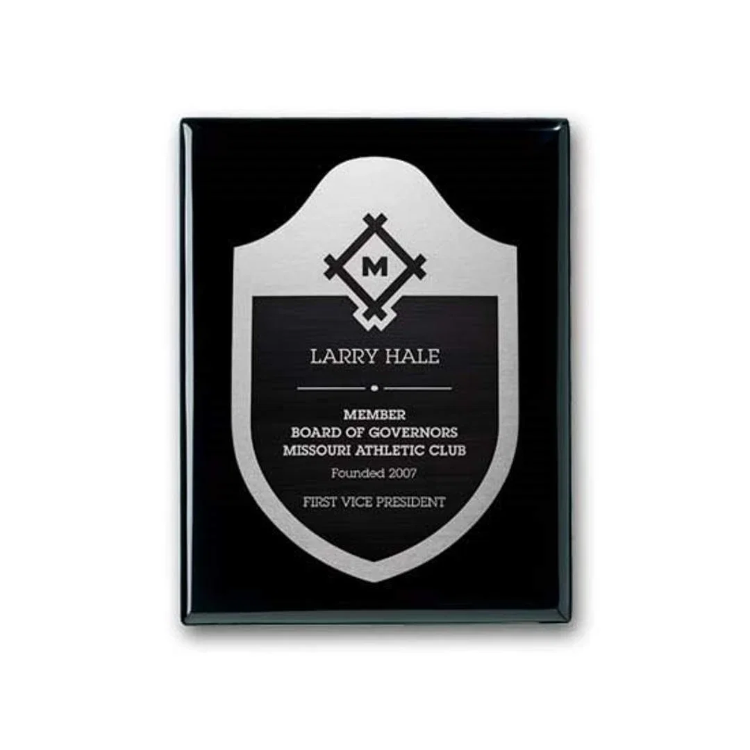 Custom Ebony Piano Finish Wall Plaque with Etched and Antiqued Plate for corporate award ceremonies