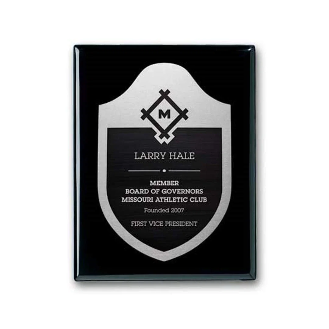 Custom Ebony Piano Finish Wall Plaque with Etched and Antiqued Plate for service anniversary gifts