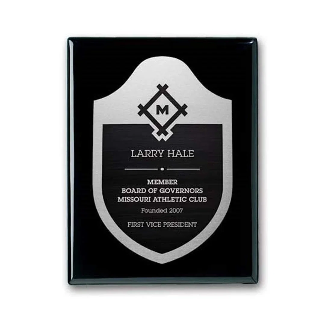 Custom Ebony Piano Finish Wall Plaque with Etched and Antiqued Plate for sales achievement awards