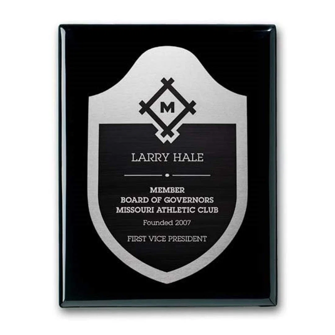 Custom Ebony Piano Finish Wall Plaque with Etched and Antiqued Plate for retirement presentations