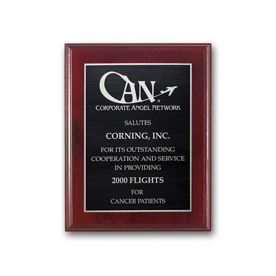 Custom Mahogany Walnut Wall Plaque with Etched and Antiqued Plate for employee recognition