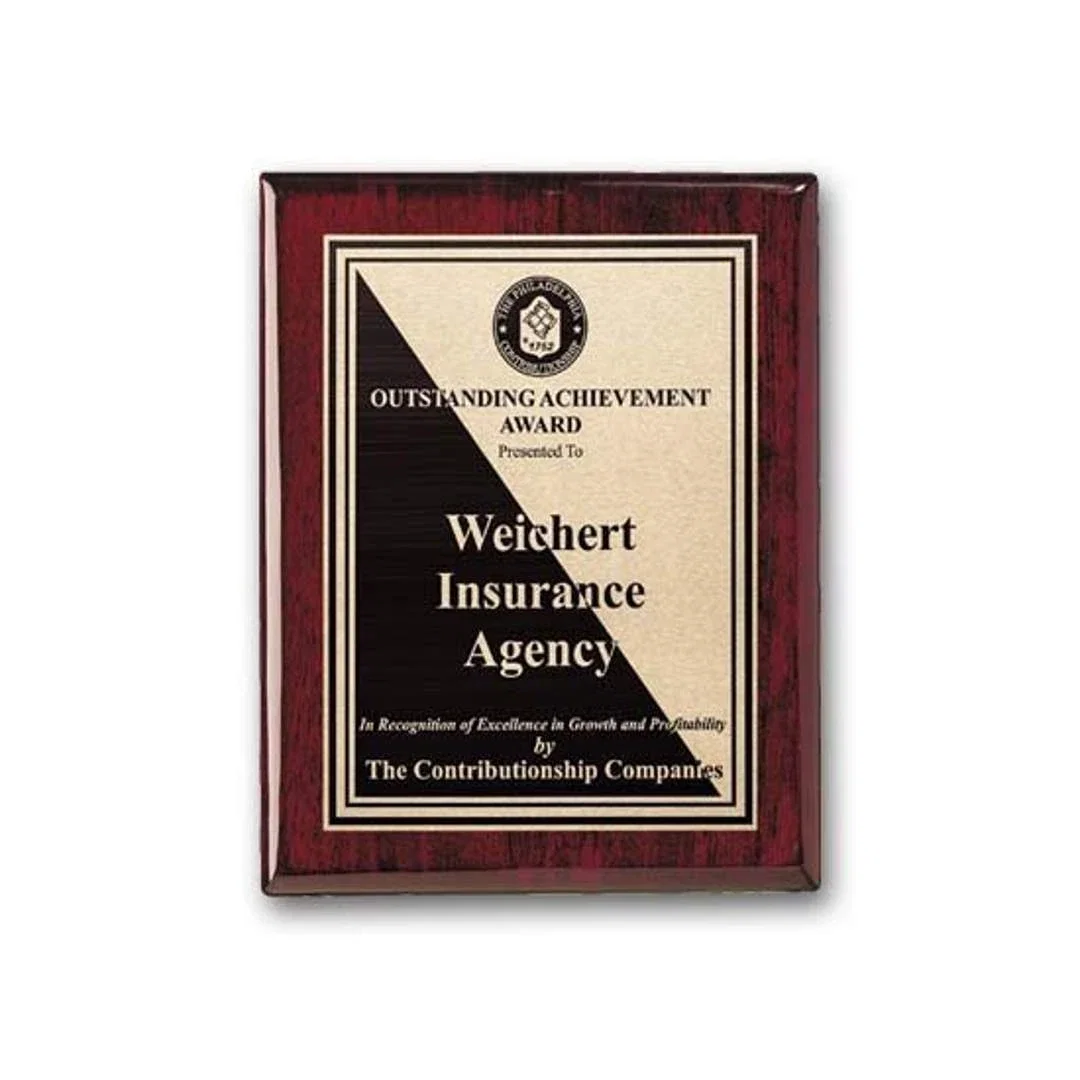 Custom Rosewood Piano Finish Wall Plaque with Etched and Antiqued Plate for corporate award ceremonies