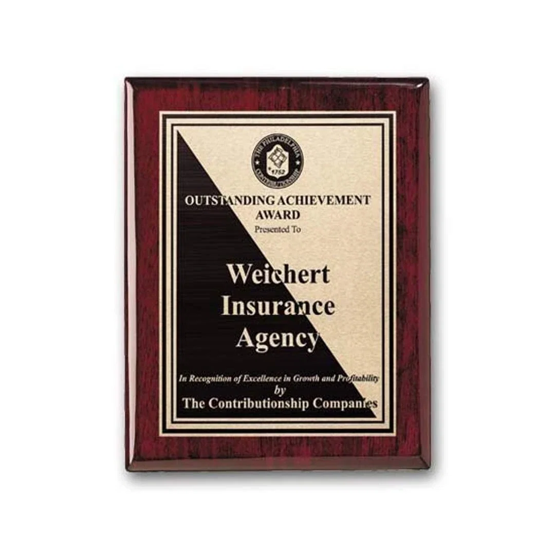 Custom Rosewood Piano Finish Wall Plaque with Etched and Antiqued Plate for service anniversary gifts