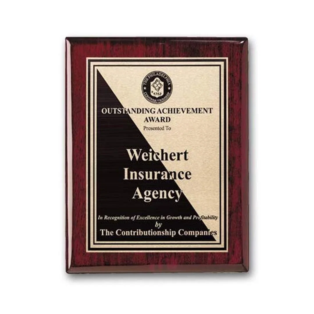 Custom Rosewood Piano Finish Wall Plaque with Etched and Antiqued Plate for sales achievement awards