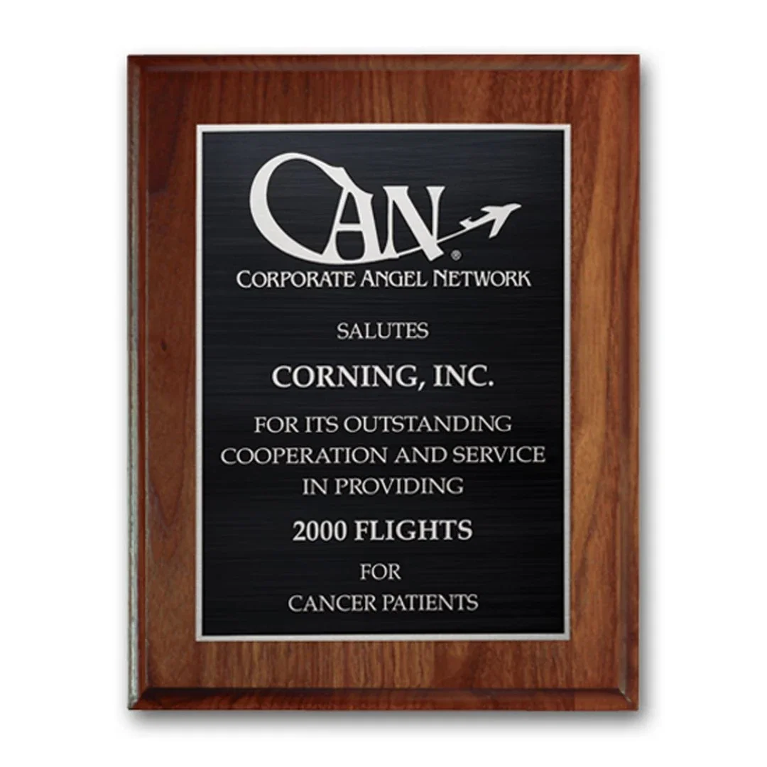 Custom Cove-Edge Walnut Wall Plaque with Etched and Antiqued Plate for employee recognition