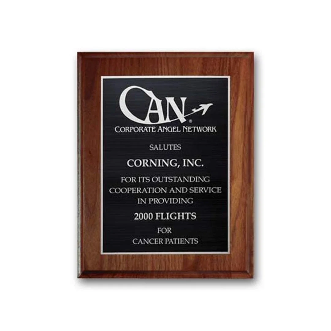 Custom Cove-Edge Walnut Wall Plaque with Etched and Antiqued Plate for corporate award ceremonies